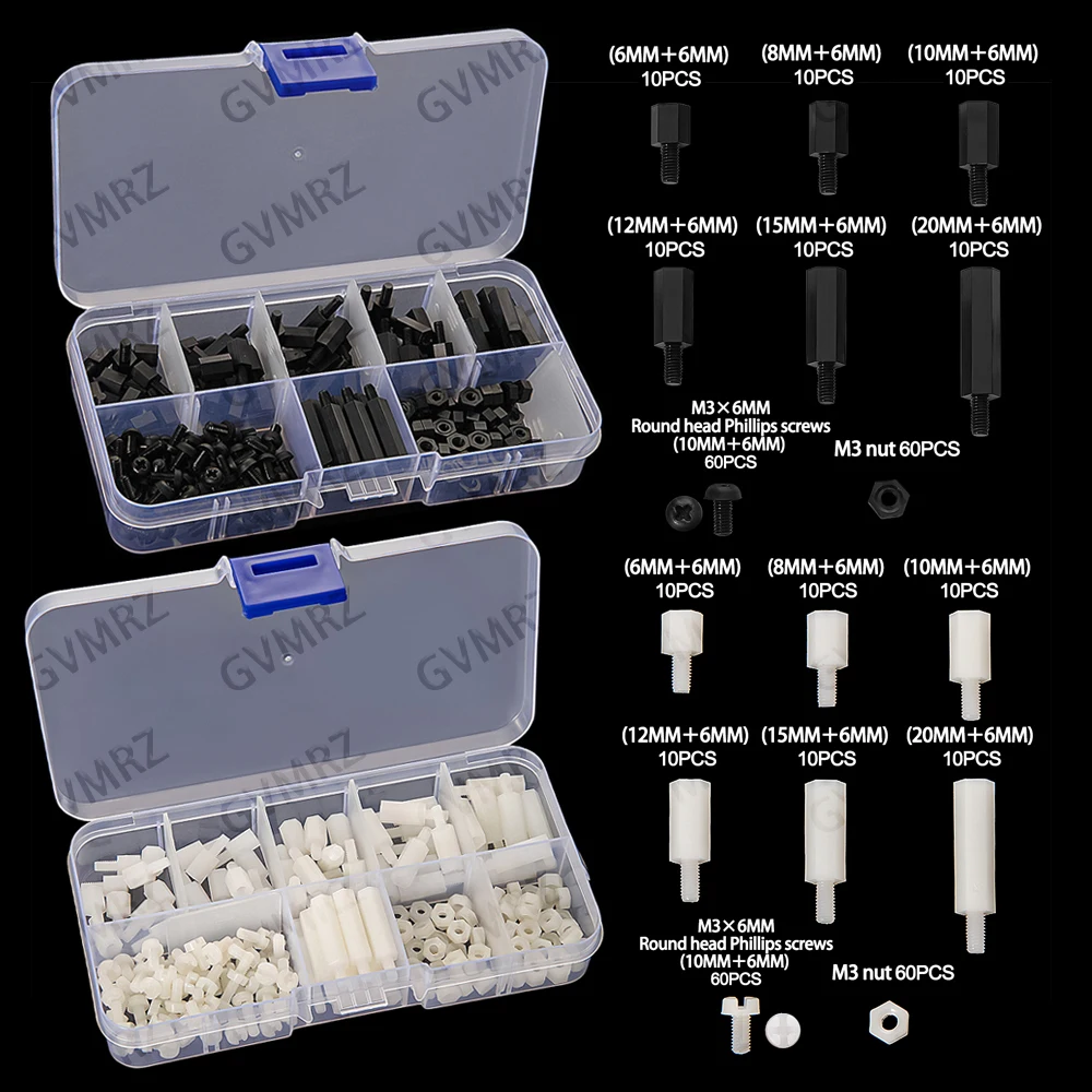 180PCS M3 Nylon Screws & Nuts Boxed Plastic Screws & Nuts Isolating Post Combination Set White / Black Screws & Nuts