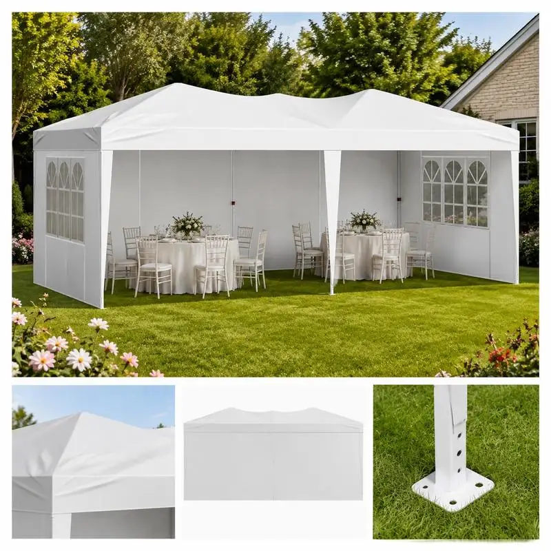 Faltbarer Pavillon, 5,9 x 2,96 x 2,65 m, Festzelt, Gartenzelt mit Seitenwänden & belüfteten Fenstern, 3 Höheneinstellungen, Sonnenschutz für Outdoor-Veranstaltungen, weiß