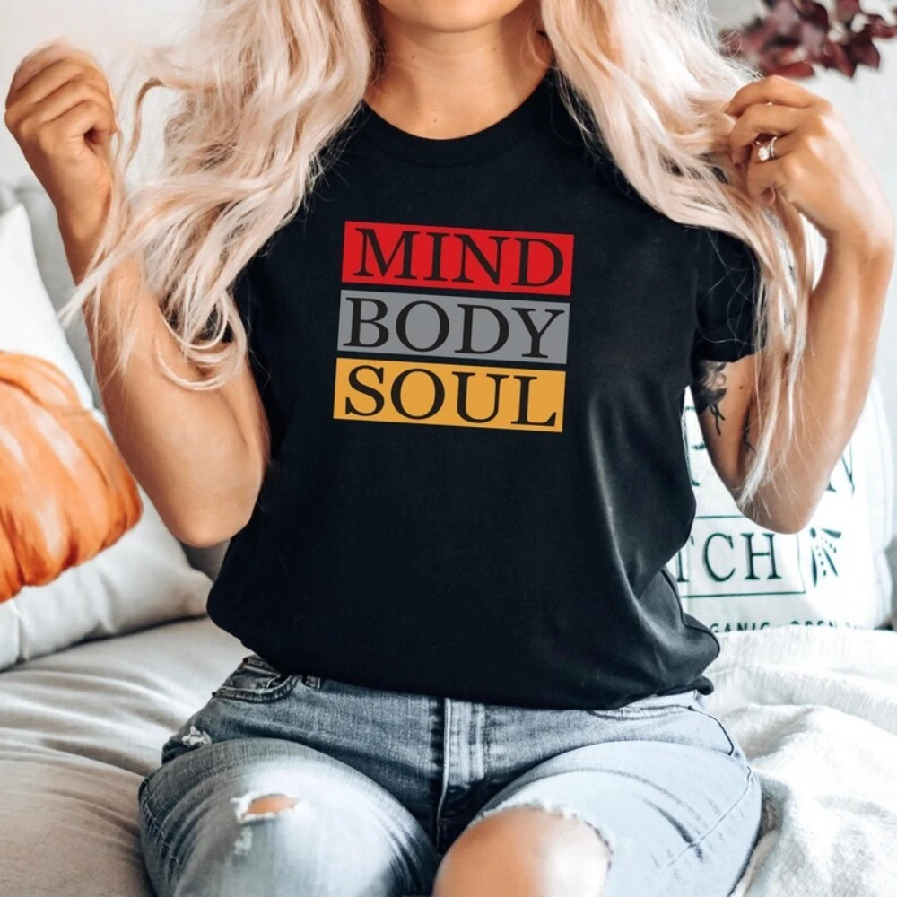 Yoga Mind Body and Soul Shirt for Woman Yoga Shirt Spiritual Tops Yoga T Shirt Classic Pattern High Quality Cotton Tees