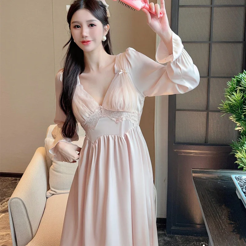 

Summer Vintage Elegant Nightgown Long Sleeve Nightdress Female Satin Sleepwear Palace Style Ice Silk Lace Satin Home dress