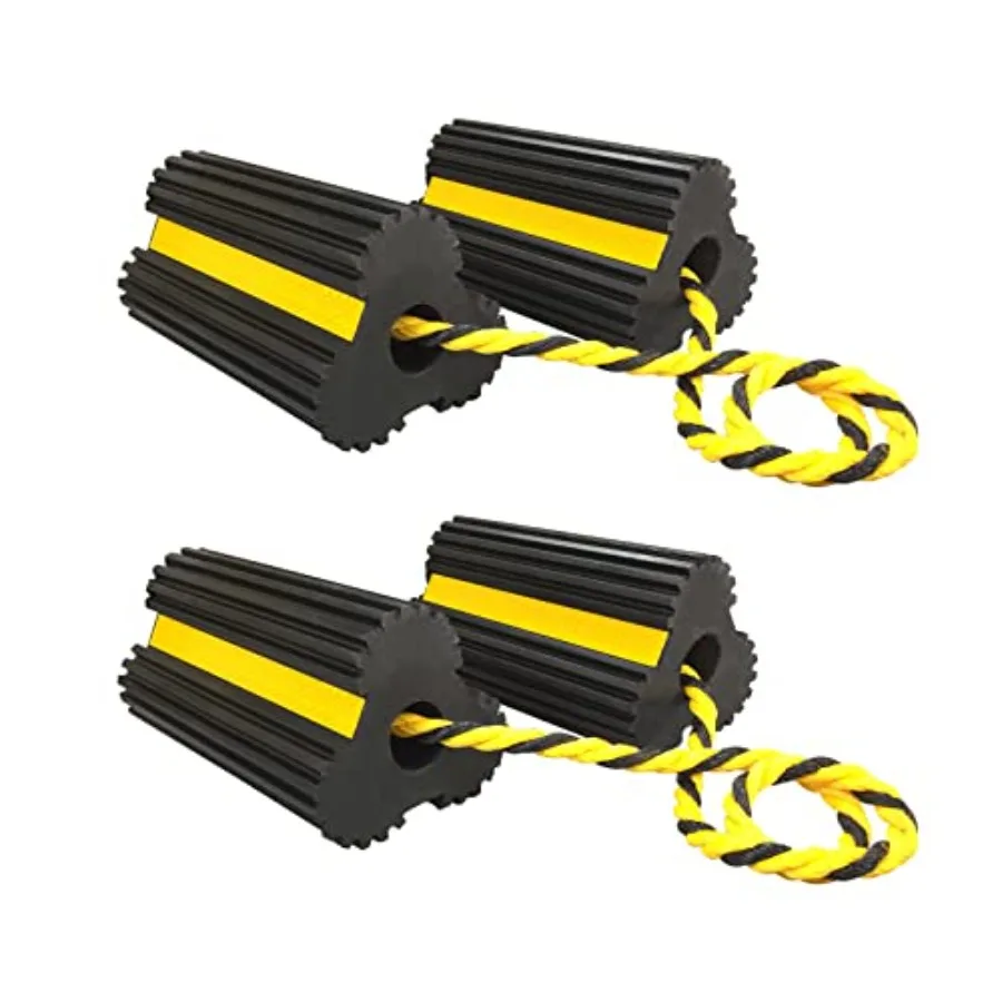 

Rubber Heavy Duty Dual Wheel Chocks Front and Back RV Leveling Blocks Non Slip Base with Nylon Rope Yellow Reflective Tape for