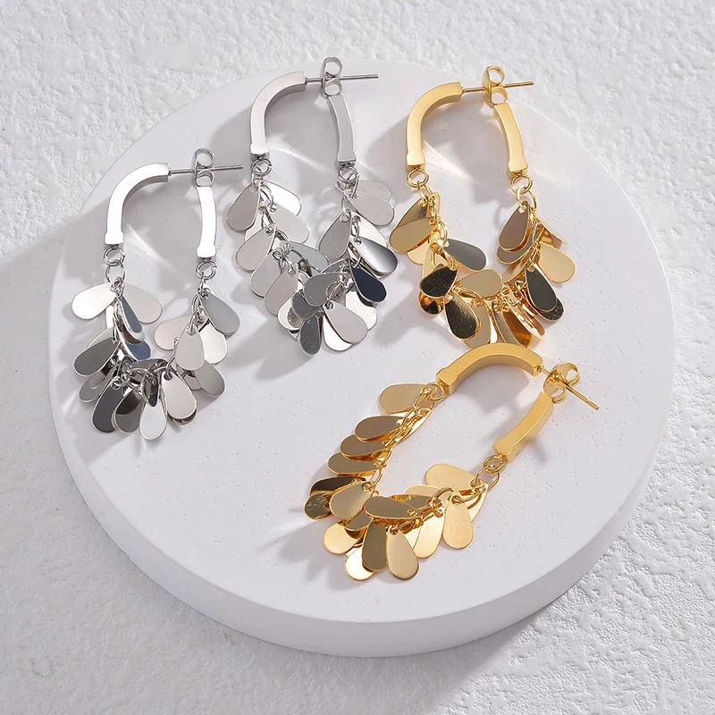 18K Gold Plated Stainless Steel Tassel Drop Earrings Women Multi-Sequin Dangle Hoop Earrings Fashion Jewelry