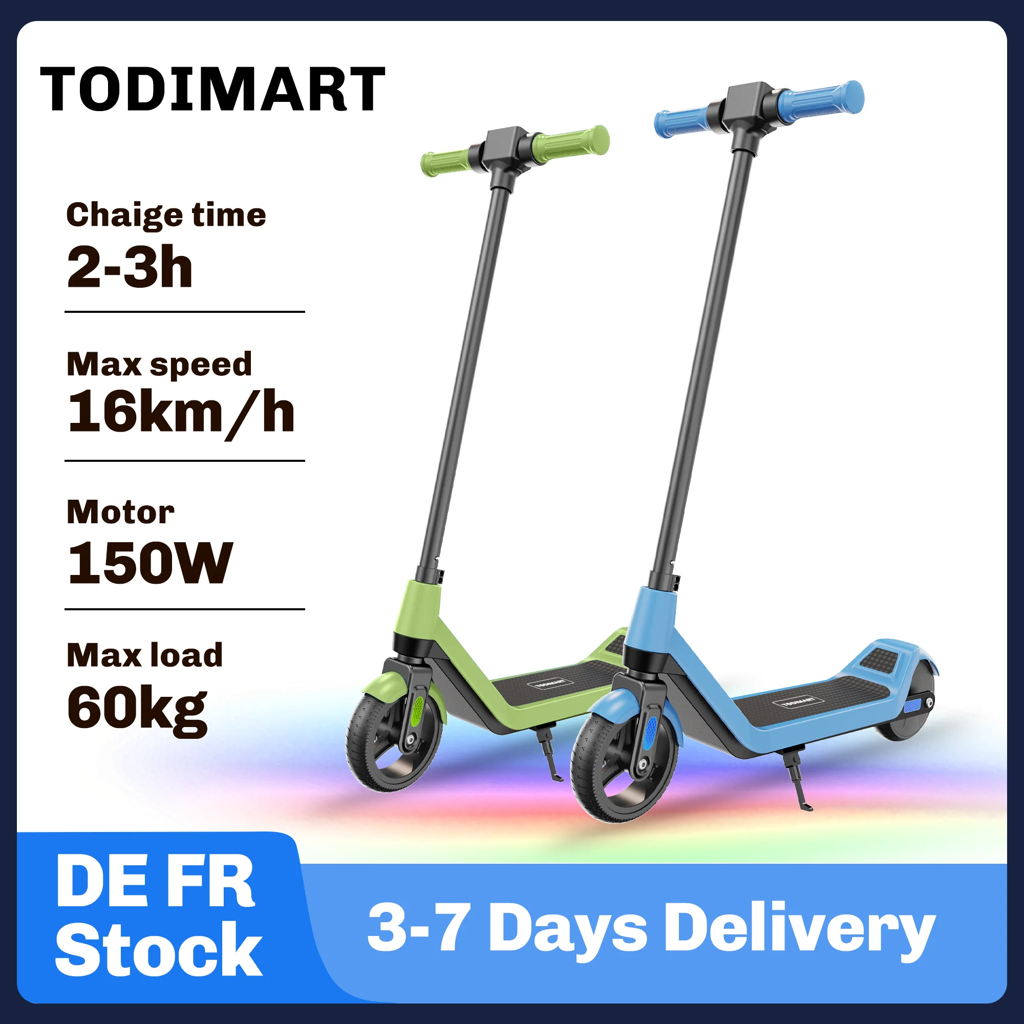 Trottinette électrique TODIMART T1 pour enfants, 150W, batterie 24V, vitesse maximale de 16 km/h, autonomie de 10 km, 3 vitesses réglables, cadeaux pour enfants, trottinette électrique pour enfants