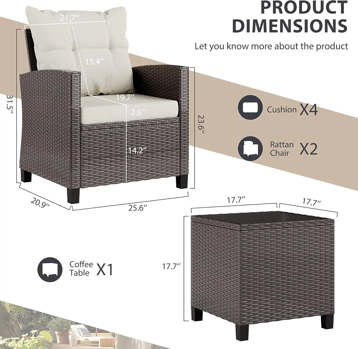 Beige compact 3-piece rattan wicker front porch bistro set with cushioned chairs and glass tabletop, lightweight outdoor furniture for lawn, garden, backyard, balcony and poolside view 5