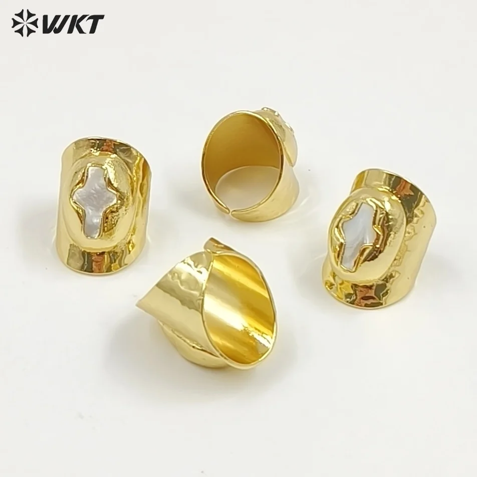 WT-MPR121 Popular Models Fashion 18K Gold Plated Mother Of Pearl Shell Cross Shape With Large Adjustable Ring For Men And Women