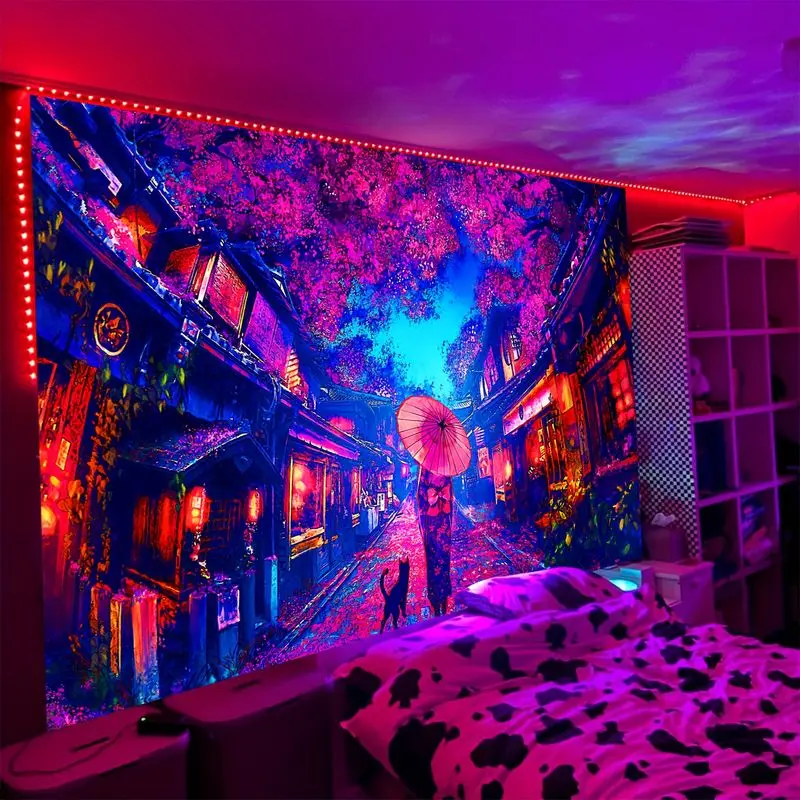 VIKAMA Neon Cherry Blossoms Kimono Women's Japanese Street Tapestry, Artistic Wall Art for Bedroom Living Room