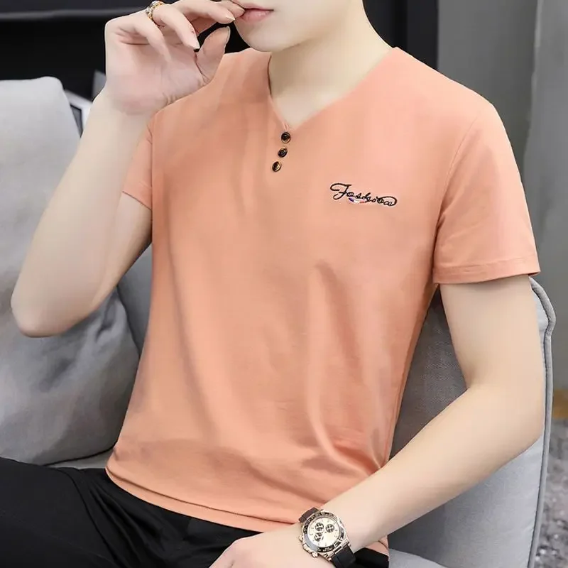 Top Short Clothing V Neck Streetwear Alphabet T Shirt for Men Orange Man Tee Shirts 5xl Quarter Sleeve Quick-drying S Cheap Hot