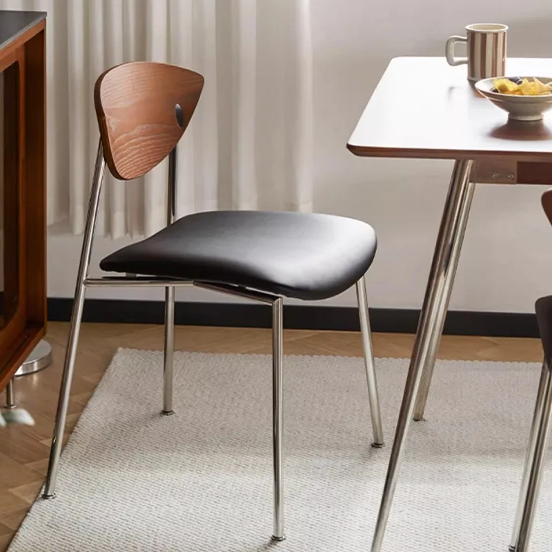 

Retro Dining Chair Stainless Steel Home Solid Wood Backrest Internet Celebrity Light Luxury Restaurant Designer Chair