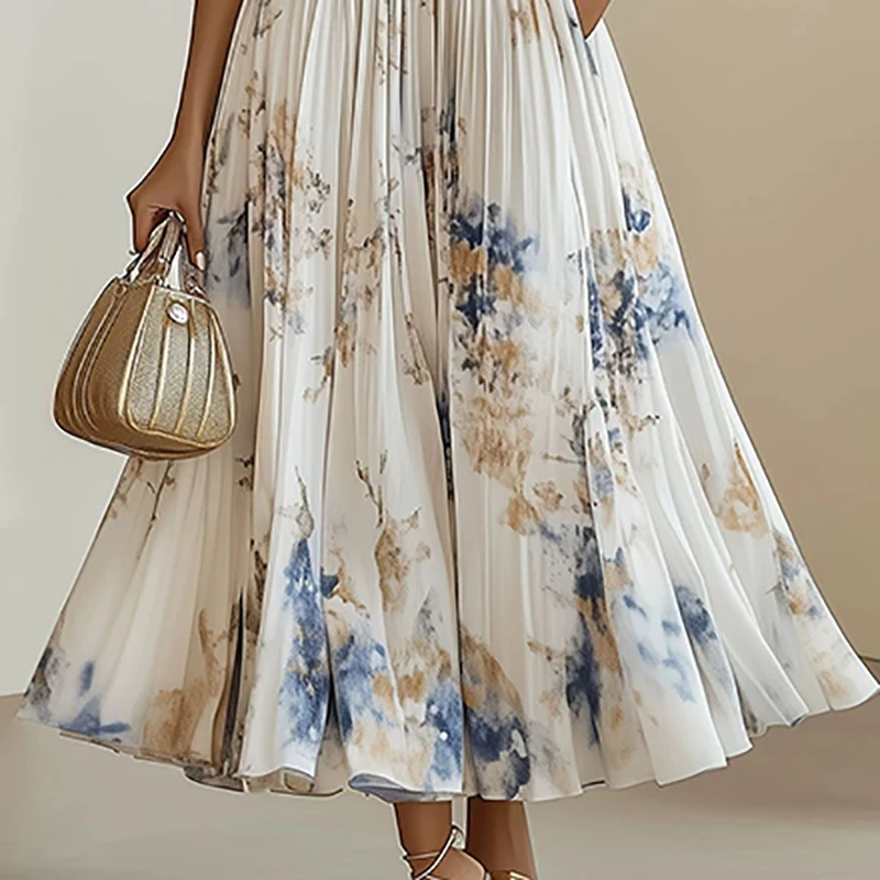 Sexy Deep V Neck High Waist Pleated Dresses Woman Spring Floral Print Hollow A-Line Long Dress Summer Sleeveless Boho Maxi Dress