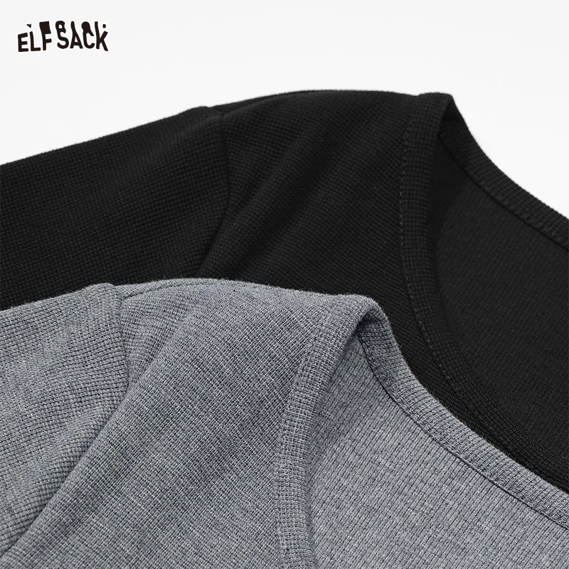 ELFSACK 2024 Autumn New Arrive Waffle fake two long sleeved t-shirts for women, embroidered bow top