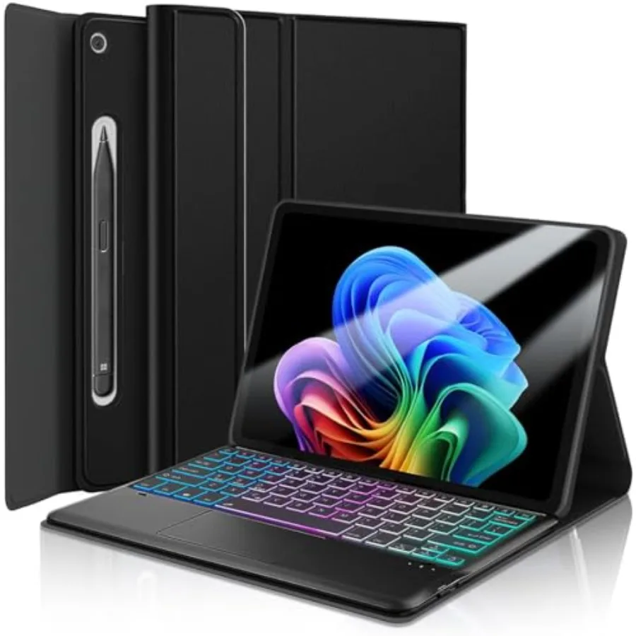 

Surface Pro 12-inch 2025 touchpad keyboard case: PU premium folio black 3-zone backlight detachable wireless trackpad