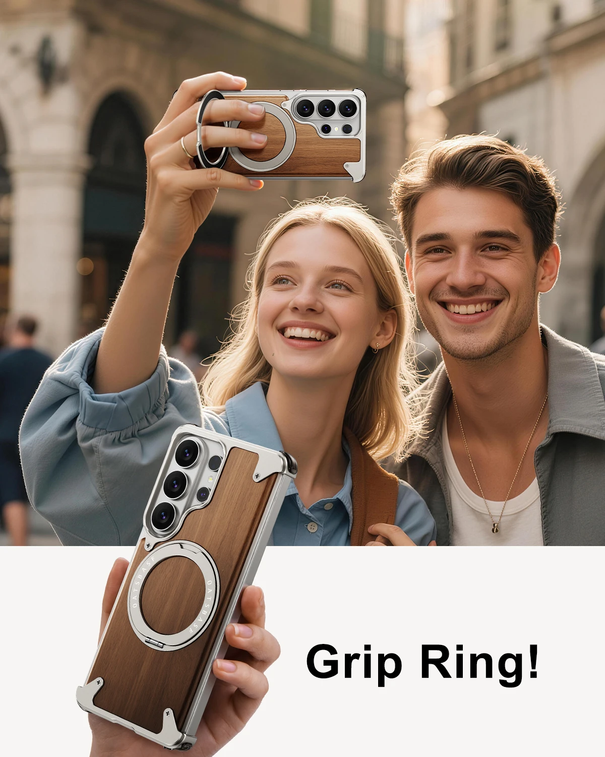 

Oatsbasf Solid Wood Phone Case for Samsung Galaxy S26 Ultra with 360°Rotation Grip Ring Drop Proof Stand Phone Case Back Cover