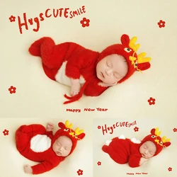 Newborn Shooting Props Dragon Year Red Theme Set Infant Soft Plush Jumpsuit Photography Outfit Studio Shooting Scene Costume