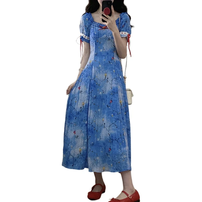 Tallas grandes suave dulce Sle gasa larga Dr azul estampado Floral adelgazante cintura alta A-Line falda coreana Sle verano Dr