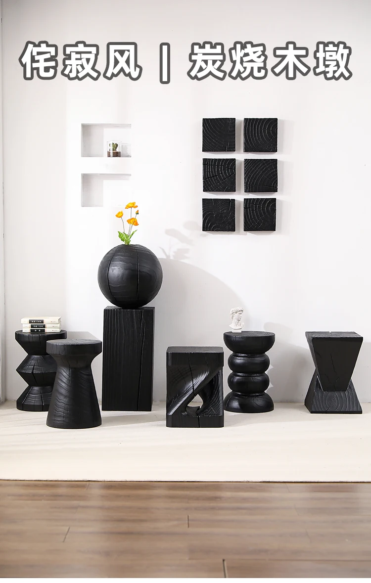 Wabi-Sabi Charred Wood Side Table Handcrafted Tree Stump Stool with Natural Texture Bedside Coffee Table for Home Decor