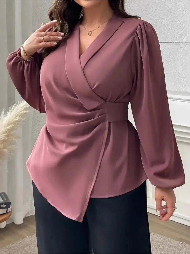 Plus Size Autumn V-Neck Tops Women Slim Waist Irregular Fashion Elegant Ladies Blouses Lantern Long Sleeve Woman Pullover Tops