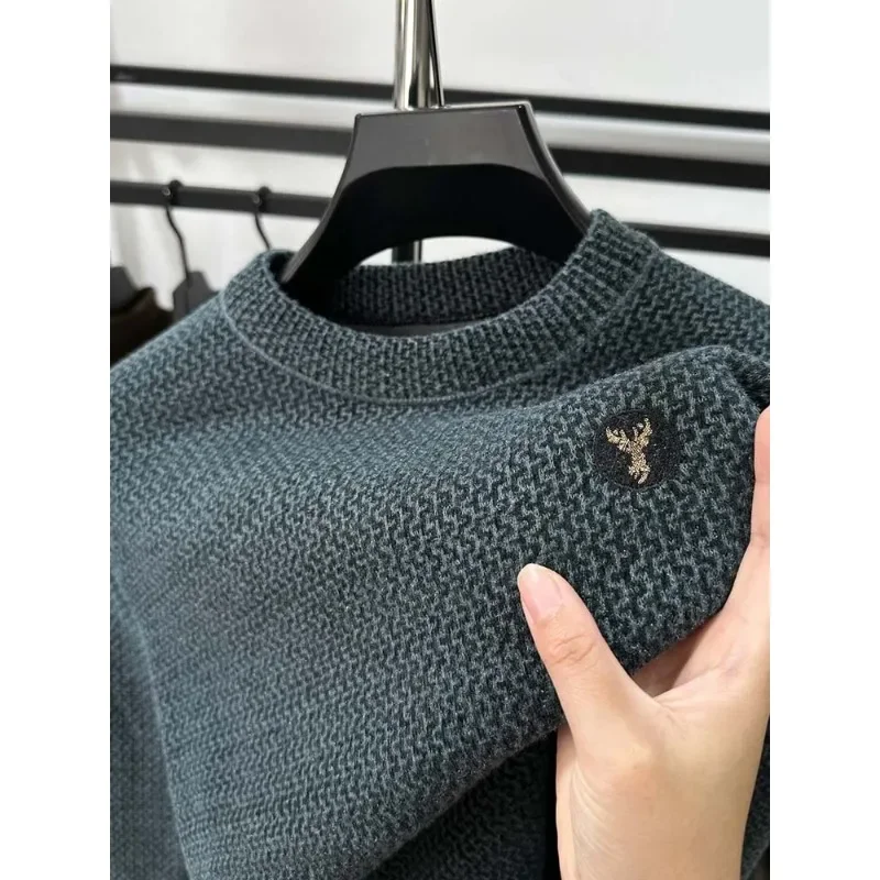 High-end Designer 2024 New Autumn Winter Men\'s Embroidery Sweater Thickening Fashion Round Neck Plush Velvet Knitwear Pullover