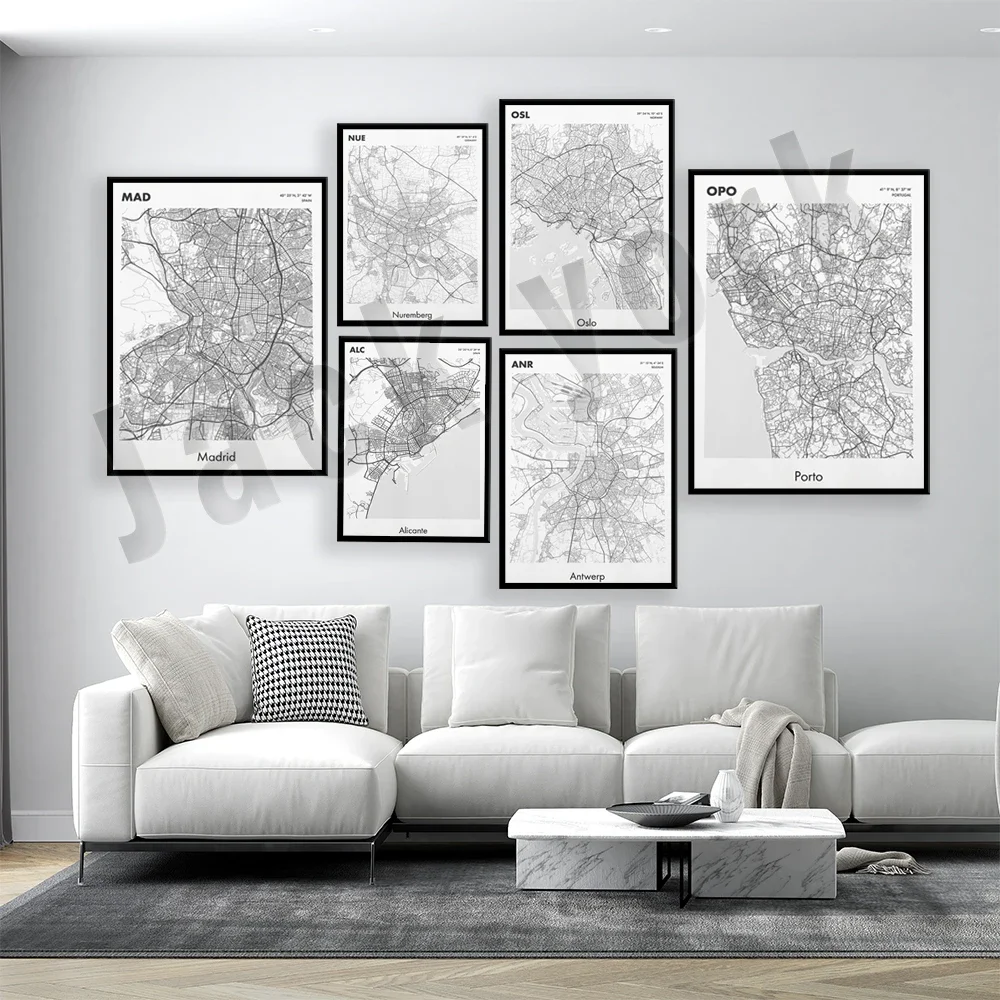 أوسلو النرويج، أليكانتي إسبانيا، لورونيا، سيبيو رومانيا، ألمانيا نوريمبرغ، ألمانيا ثيسالونيكي اليونان، بورتو البرتغال، ملصق خريطة مدريد