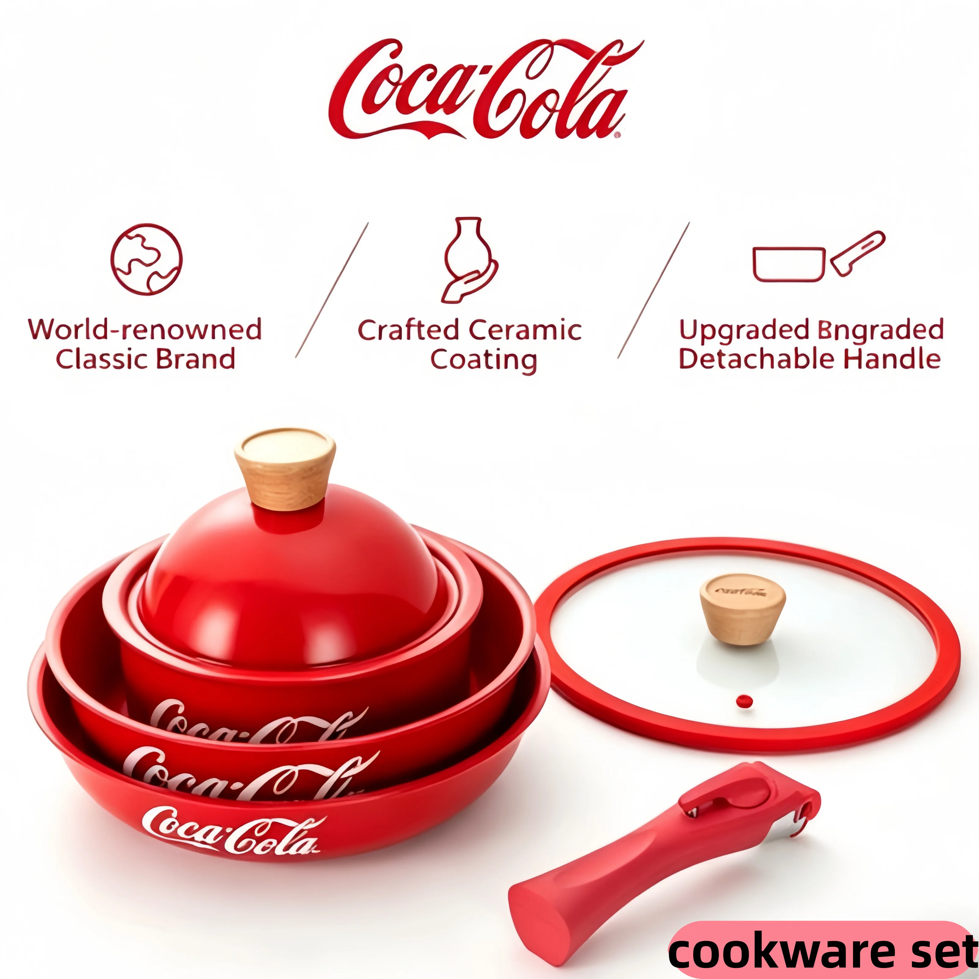 Coca-Cola Nonstick Cookware Set with Detachable Handles-Stackable Oven Safe Pots & Pans Easy to clean for Camping Home Kitchen