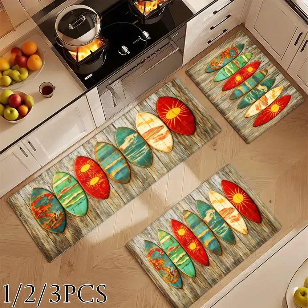 3PCS Kitchen Rugs,Home Decoration for Front Door,Kitchen,Bathroom,Colorful Surfboards On Wooden Background Pattern Dining Mat