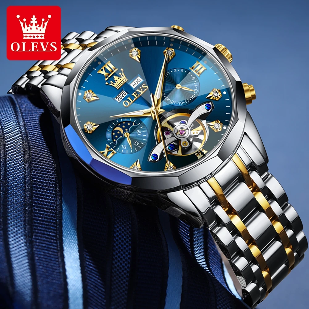 OLEVS Automatic Mechanical Mens Watch Business Wristwatch Waterproof Date Watches Moon Phase Watch for Men Luxury Brand Watch 66