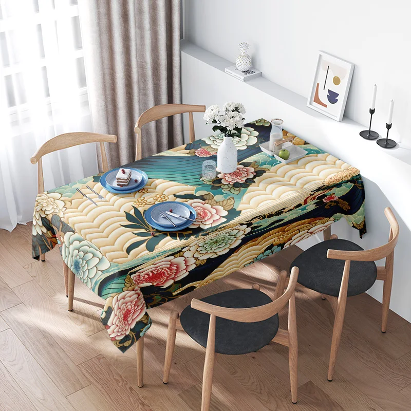 Oriental Elegance: Deep Blue Background with Gold Fan and Floral Pattern Tablecloth for a Sophisticated Dining Space