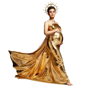 Złote rekwizyty do fotografii ciążowej owijają sukienka z tkaniny tło do sesji zdjęciowej kobiet w ciąży srebrne błyszczące rozciągliwa tkanina