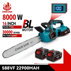 ONEVAN 16Inch Brushless Electric Chainsaw LED Auto Oiling Cordless Woodworking Cutter Garden Tool For Makita 18V Battery Pin