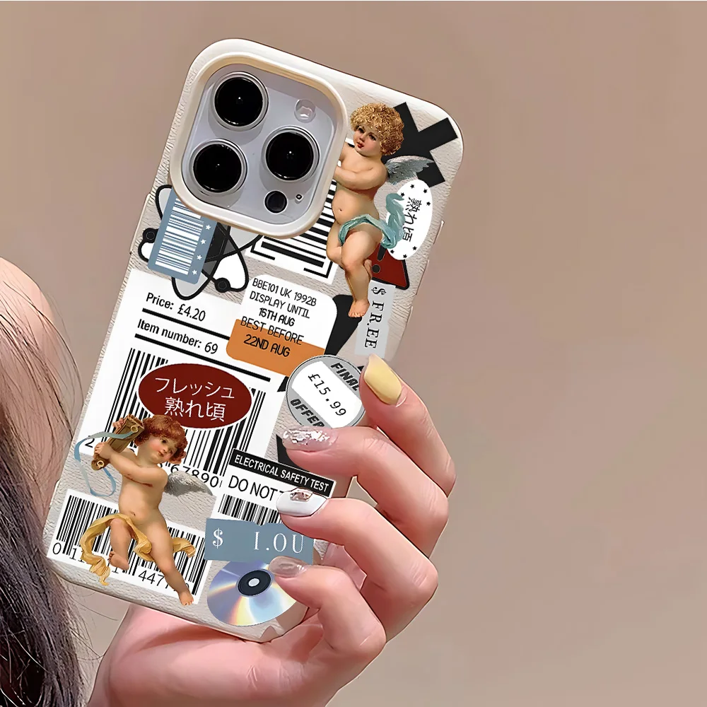 Cupid Record Label Lichee leather pattern Phone Case For iPhone 17 16e 16 15 14 13 12 11 Air Pro Max Plus X XR Shockproof Cover