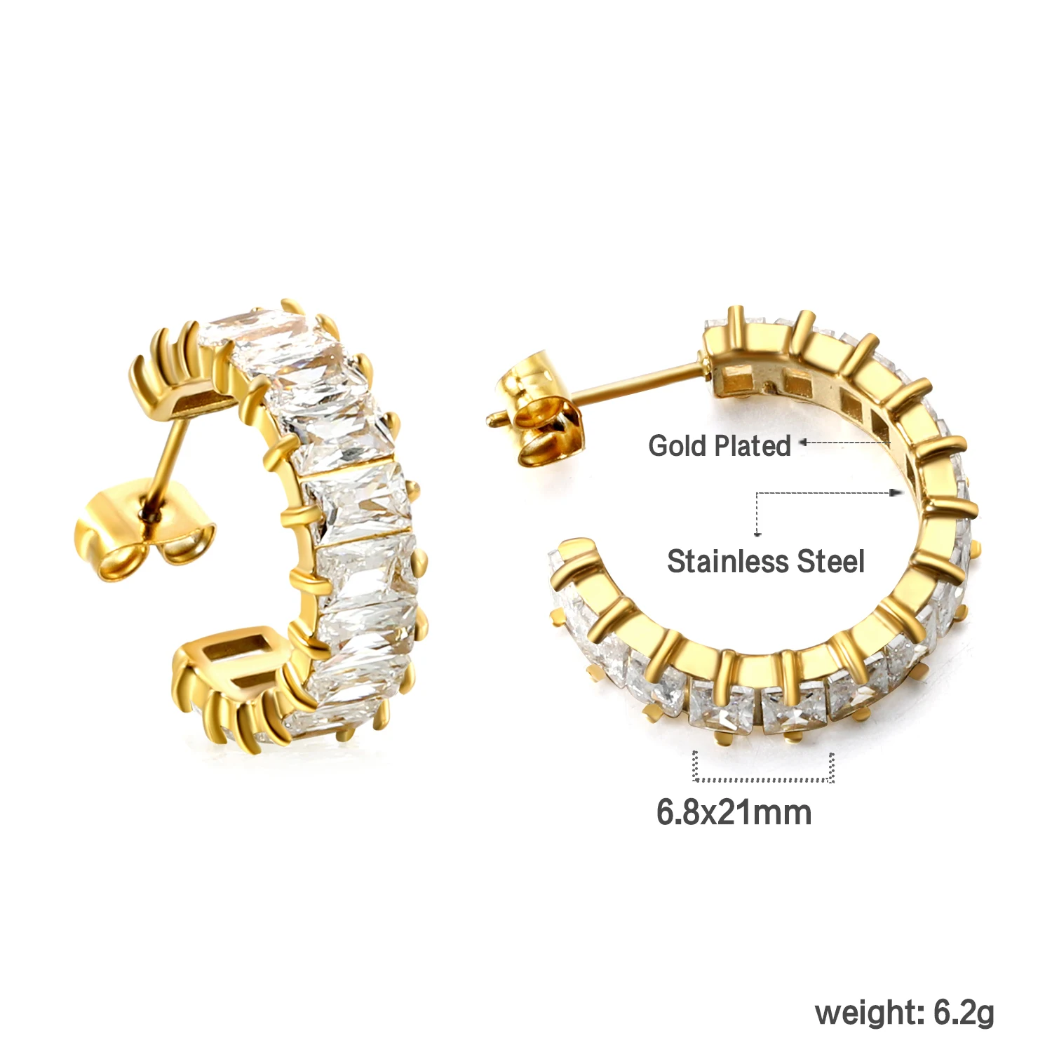 LUXUSTEEL Full of Rhinestone Stainless Steel Earrings for Women Colorful Luxury Zircon C-Shape Ear Jewelry Gift 2024