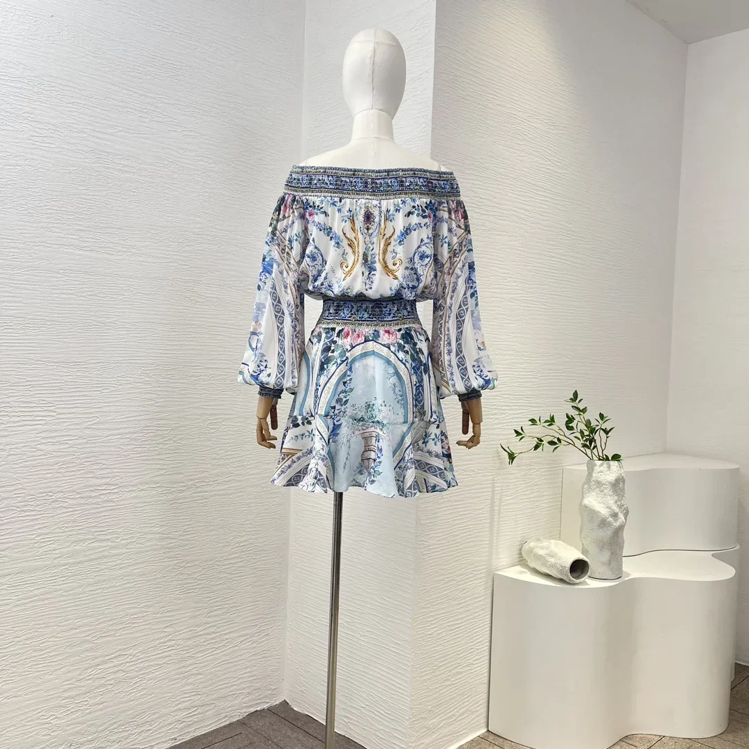 Silk 2024 New Blue Porcelain Print Off The Shoulder Shirred Mini Dress Lantern Sleeve Top Quality Women Fashion Clothing