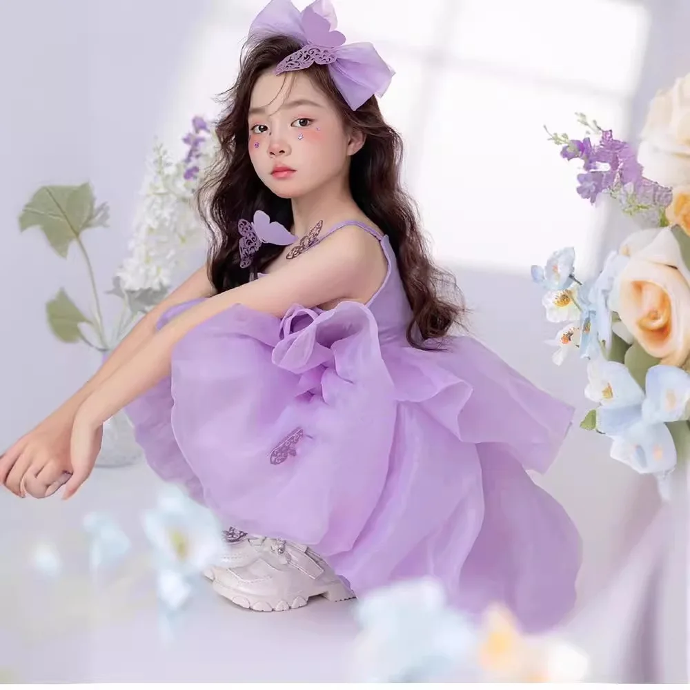 2024 New Summer Girls Purple Suspenders Dress Children Elegant Evening Birthday Party Fluffy Dresses y1247