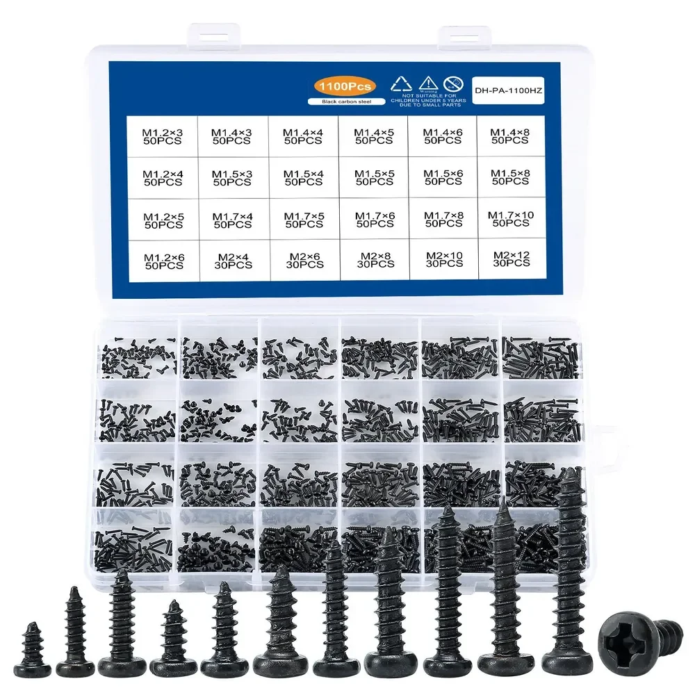 1100Pcs M1.2 M1.4 M1.5 M1.7 M2 Mini Phillips Flat Head Screws Self-Tapping Screw Set Electronics Repair Kit for Laptop Computer