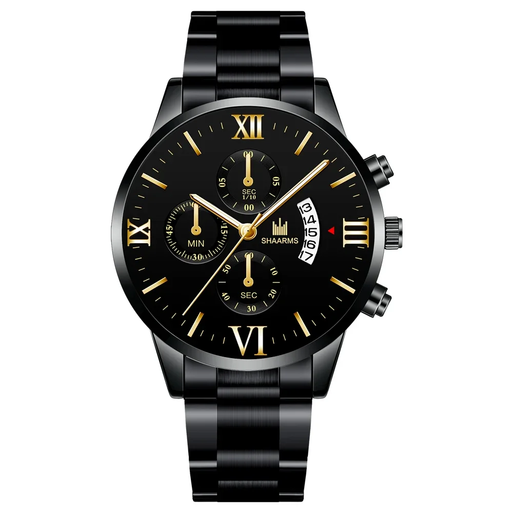 Montre à quartz de luxe en acier inoxydable pour homme, or, noir, calendrier, date, horloge masculine