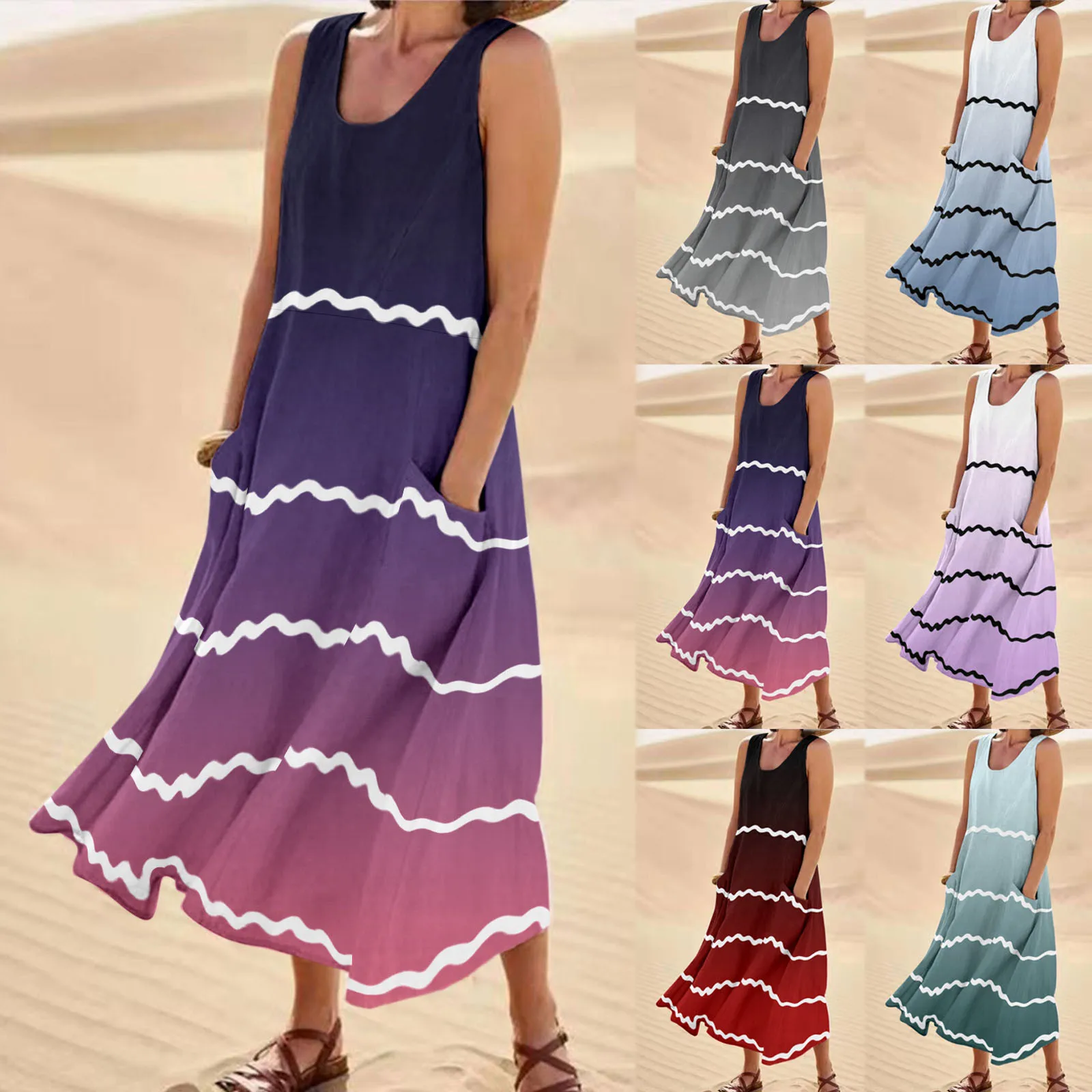 

Contrast Wave Strap Holiday Dress Women Casual Vacation Loose Tube Top Dresses Female 2024 Chic Fashion Stripe Robes Newest