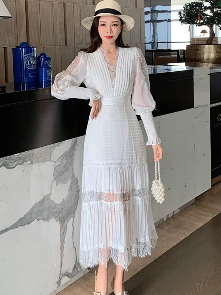 

2023 Fashion Runway Party Dress Women Sexy V Neck Long Lantern Sleeve Lace Stitching Chiffon Bodycon Mermaid Pleated Vestidos