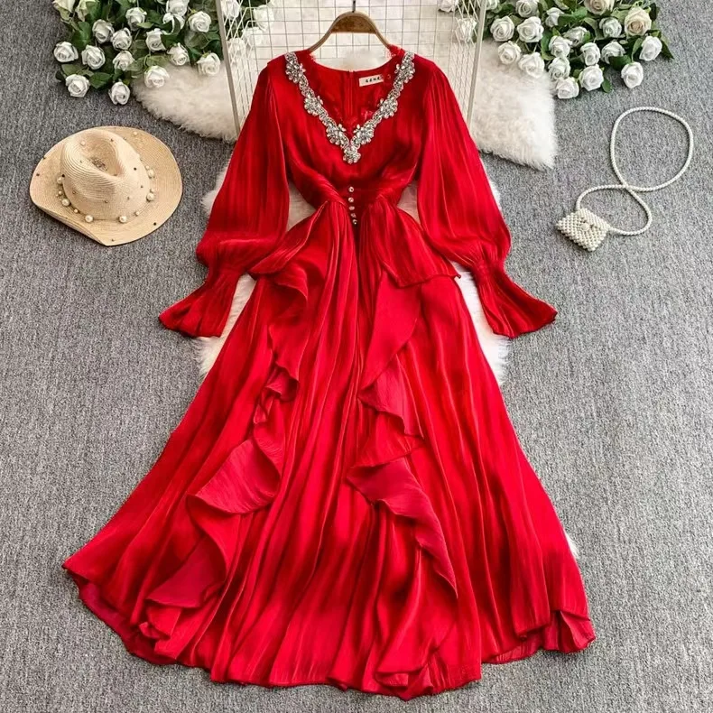 UNI Frühling Kristall Lose Volle Hülse Maxi Plissee Chiffon Kleid Für Frauen Elegante Prom Abend Party Lange Kleider Dame 2023