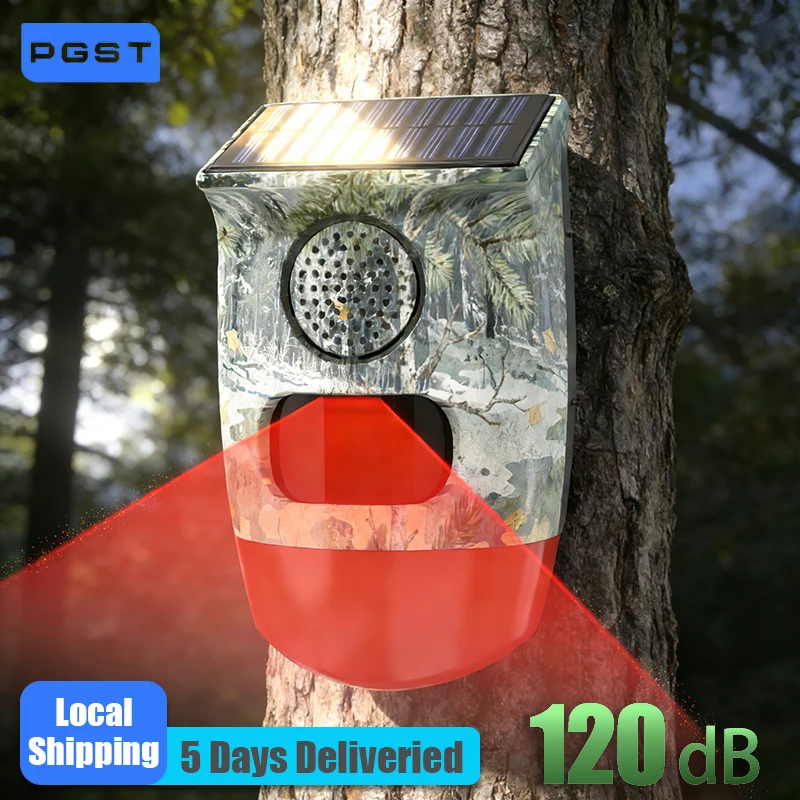 Détecteur d'alarme solaire PGST 120 dB, capteur de mouvement infrarouge PIR, sirène, protection de sécurité domestique, extérieur, anti-animaux sauvages