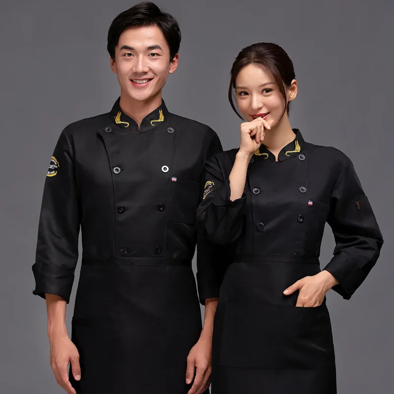 Black Hotel Chef Workwear for Men, Long & Short Sleeve Plus Size, Custom Uniform for Catering Kitchens