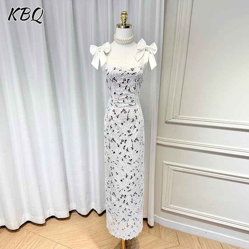 

KBQ Solid Solid Spliced Bowknot Slimming Dresses For Women Square Collar Sleeveless High Waist Elegant Dress Female Fashion New