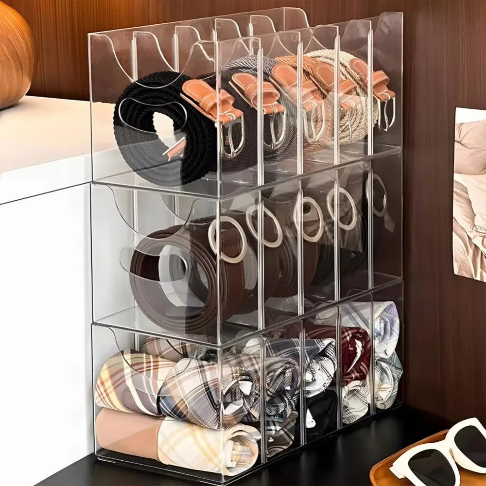 

New Transparent Belt Storage Holder Multi-grid With Dividers Storage Boxes Acrylic Belt Container