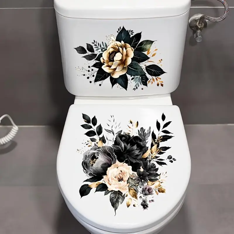 Waterproof Floral Toilet Decals Easy Clean Self Adhesive Fresh Floral Print Stickers for Home Bathroom Refresh Decor
