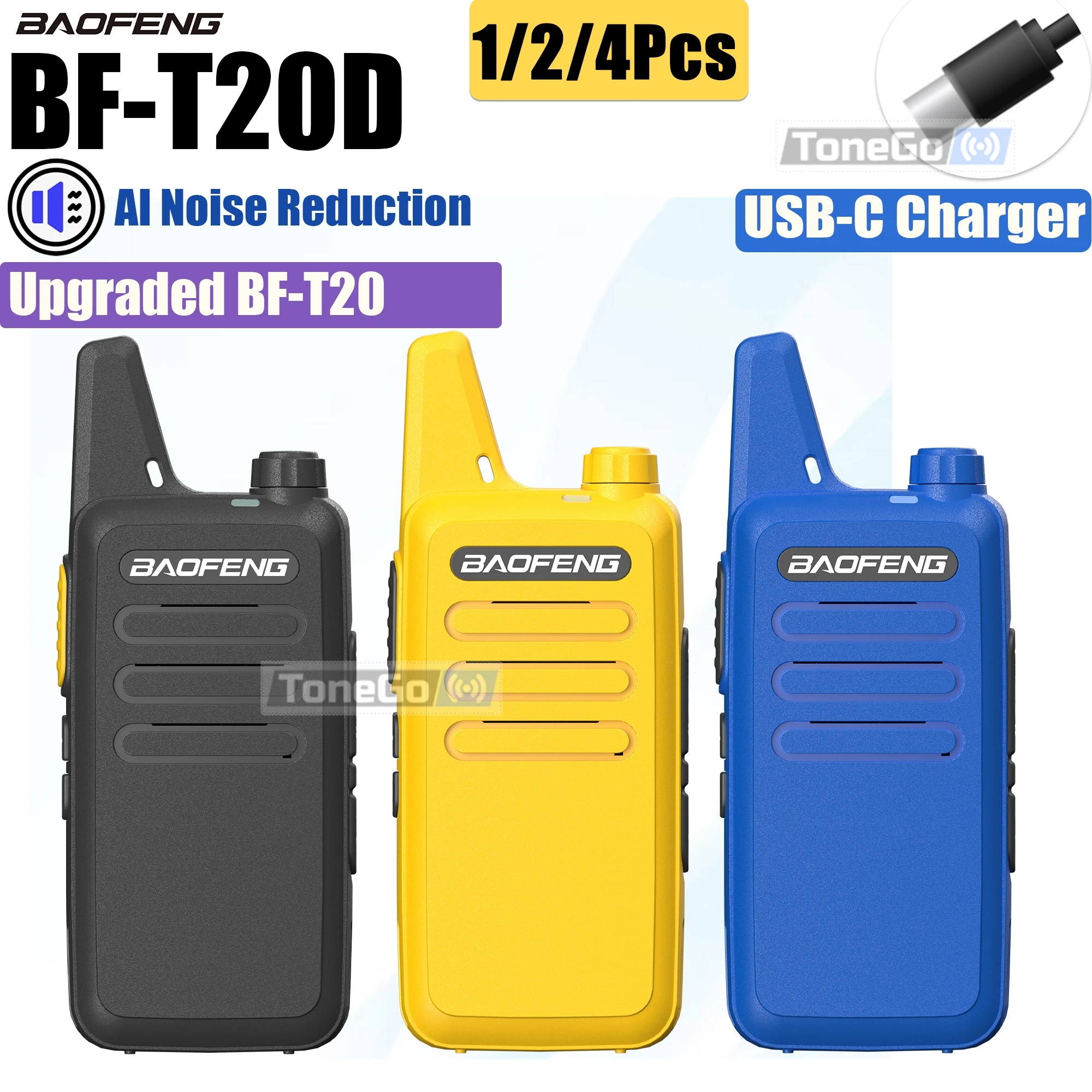 1/2/4x Baofeng BF-T20D Mini Walkie Talkie ลดเสียงรบกวนสถานที่แล้ว BF-T20 UHF แบบพกพาวิทยุ USB-C 5KM ยาวสําหรับ CAMPING