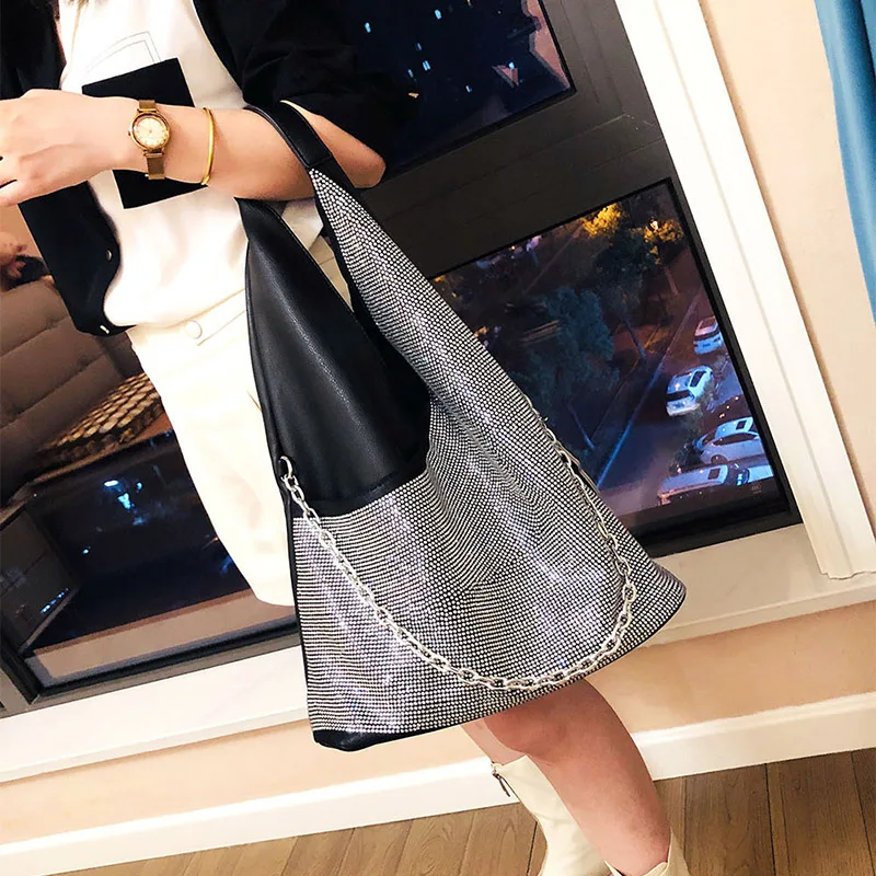 Fashion New Luxury Women's Leather Rhinestone Large Capacity Laptop Work Tote Bag Luxury Designer Shiny Diamond Chain Tote Bag