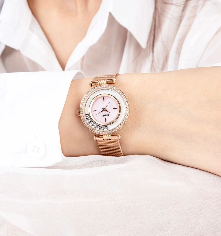 SKMEI ชุดนาฬิกาผู้หญิงเพชรที่มีสไตล์ประดับพลอยเทียมหรูหราหน้าปัดมุกเรียบง่ายละเอียดอ่อนแผ่นควอตซ์1785