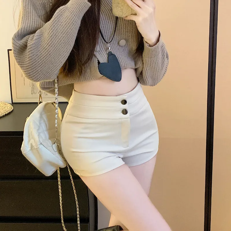 High Waist A-Line  Shorts Women's Casual Two Button Sexy Girl Hot Pants Straight Leg Polyester Fiber Bum Lifting