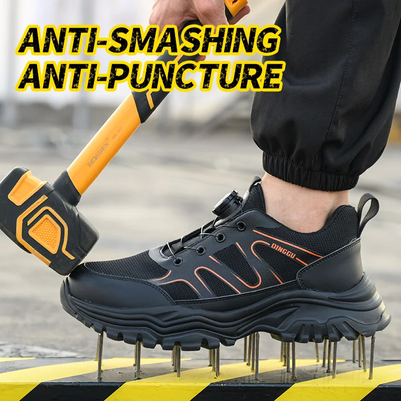 New lightweight and breathable safety shoes for men, anti smashing, anti piercing, rotating buttons, lazy, no tie straps