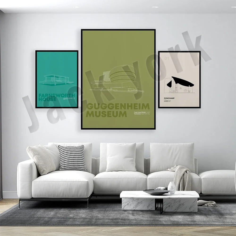 ملصق جرافيك Farnsworth House Mies van der Rohe، متحف Guggenheim، Le Corbusier's Villa Savoy، Longchamps الفرنسي للهندسة المعمارية #3