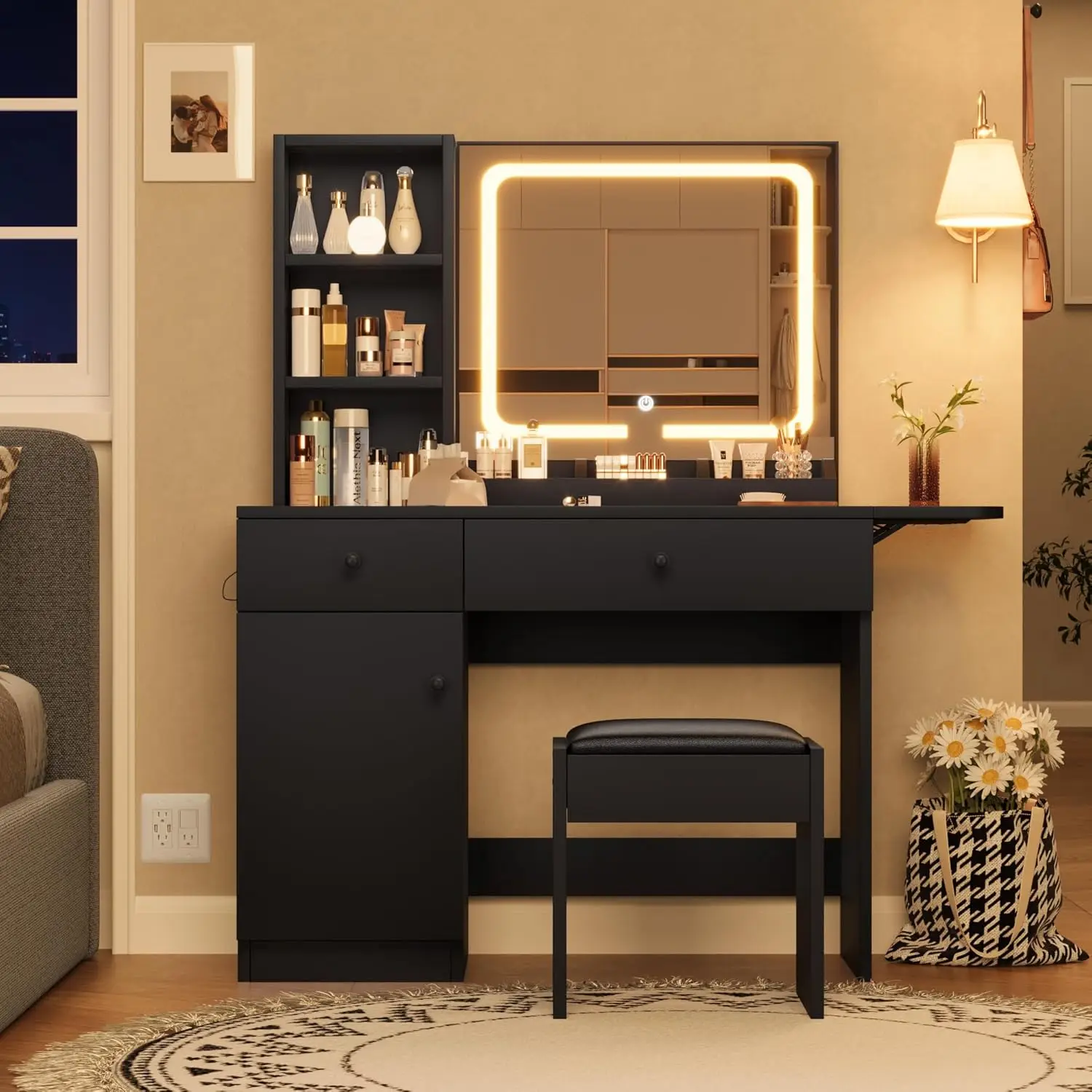 

Makeup Vanity Desk with Mirror and Lights, Vanity Table Set with Drawer & Power Outlet ＆ Chair & 3 Shelves, Bedroom, Black
