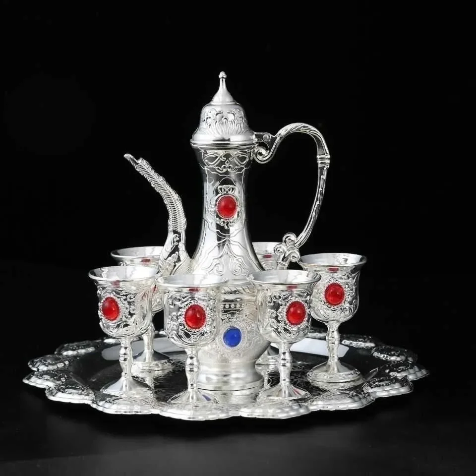 99.9% pure silver, nano electroplated silver wine set, creative wine glass and kettle set, retro style home wine glass